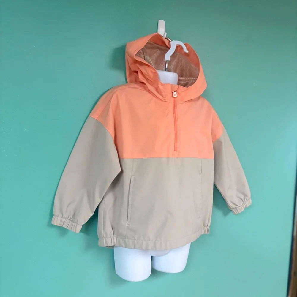 Gap Orange & Tan Hooded Mesh Lined Tech Anorak Jacket Rain Coat Windbreaker 3T